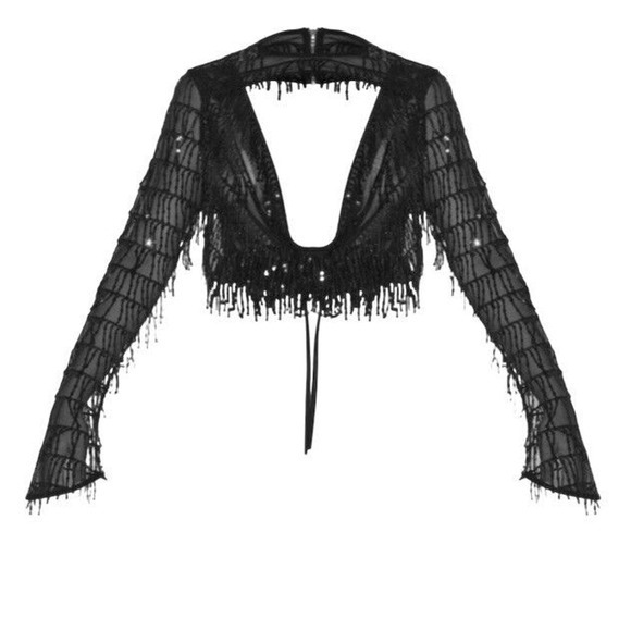 Pretty Little Thing Top Womens Size 4 Black Sequin Detail Cowl Neck Tie Back Top - Picture 6 of 9